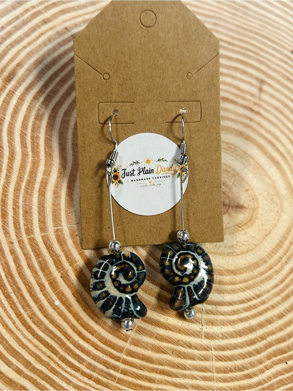 Fossil Shell Spiral Dangle Earrings Nautical Ocean Coastal Jewelry